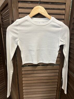 Cropped Crew Neck Long Sleeve Top — White